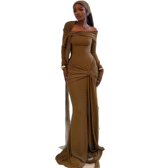 Damen Langärmliges Abendkleid mit asymmetrischem Schnitt und raffinierten Drapierungen EB