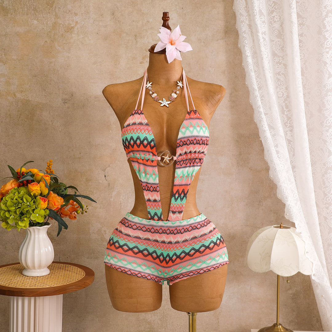 Damen Bikini mit buntem Ethno-Muster und verstellbaren Trägern EB