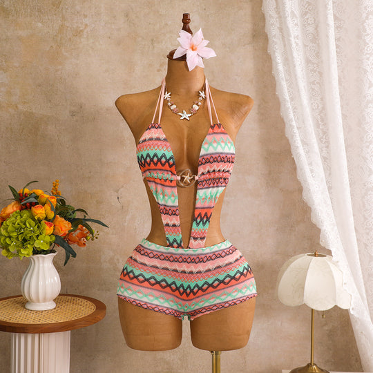 Damen Bikini mit buntem Ethno-Muster und verstellbaren Trägern EB