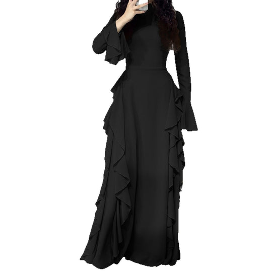 Damen nan Maxikleid mit Volantbesatz, taillierter Empire‑Silhouette und langen Glockenärmeln EB