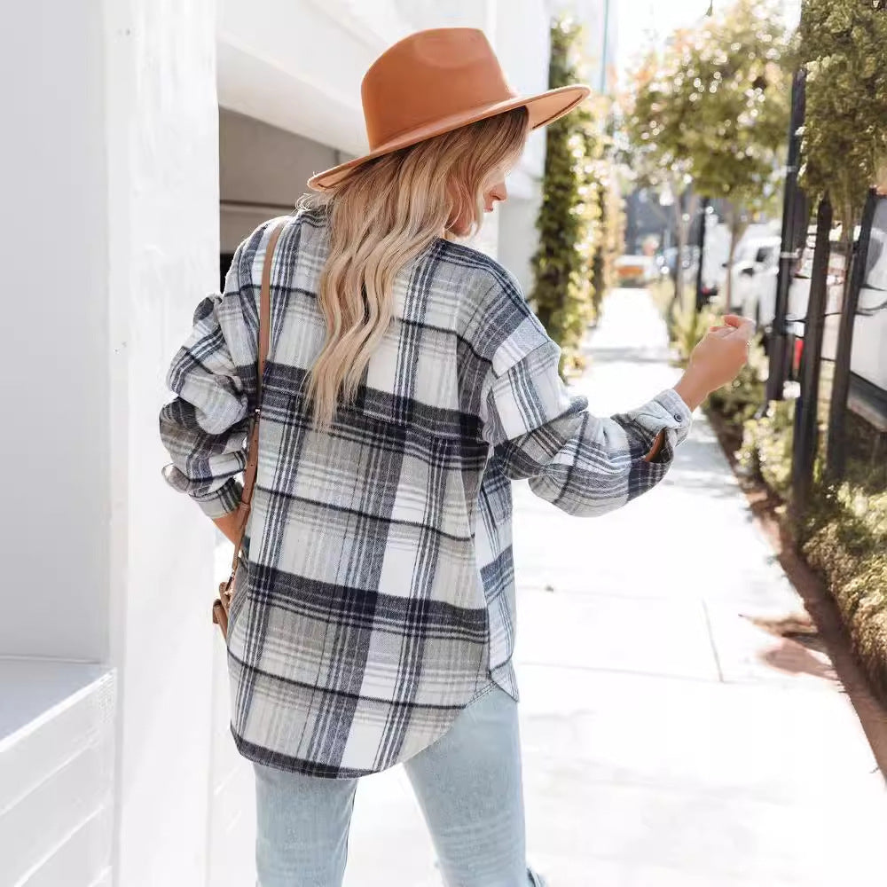 Damen Plaid Oversized Hemdjacke mit zwei Taschen und lässigem Schnitt EB