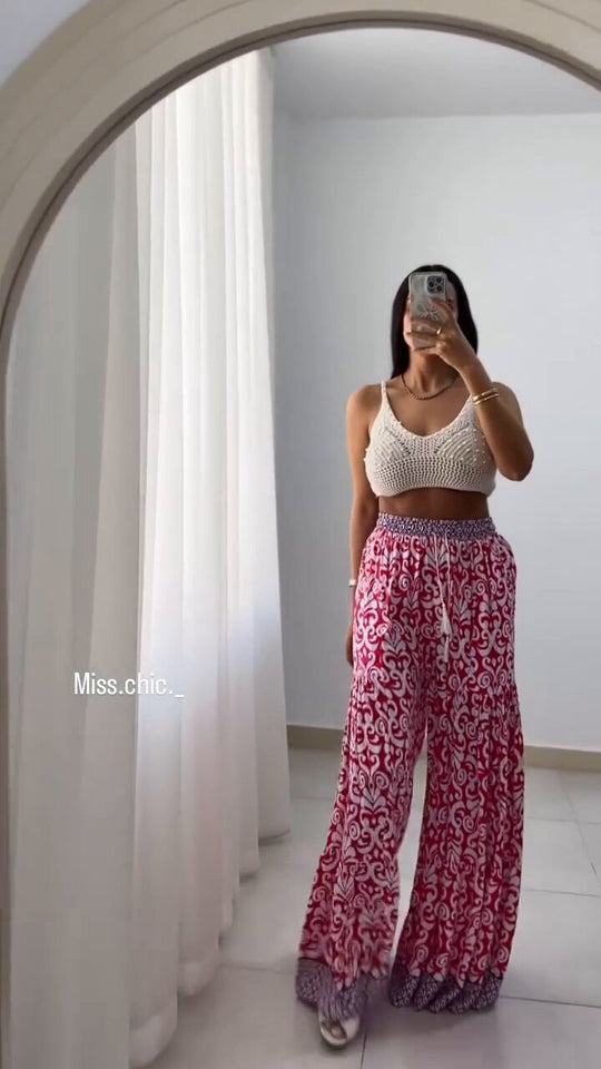 Damen weite Baumwollhose mit eingezogenem Gummibund und modernen Mustern EB