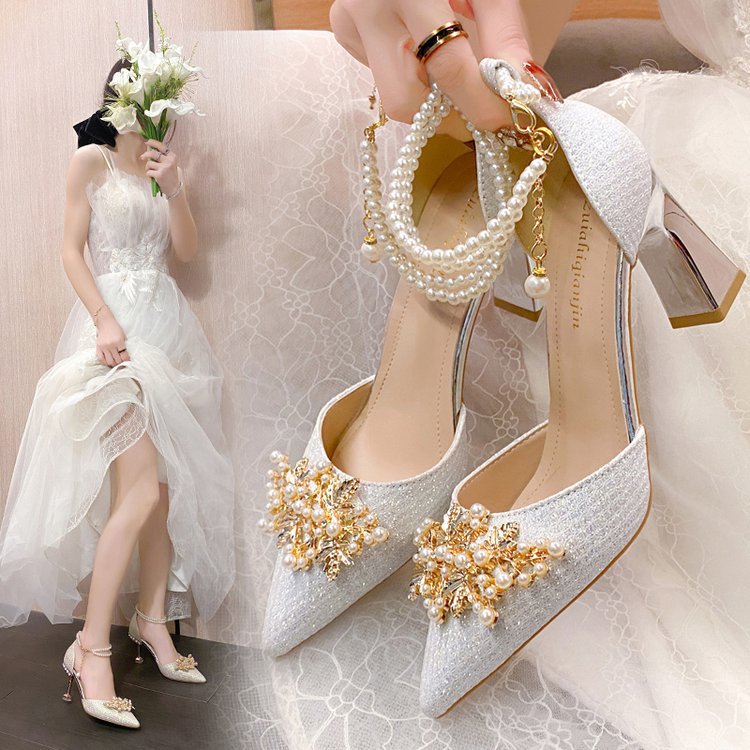 Damen elegante Pumps mit Perlenschmuck und glitzerndem Absatz EB