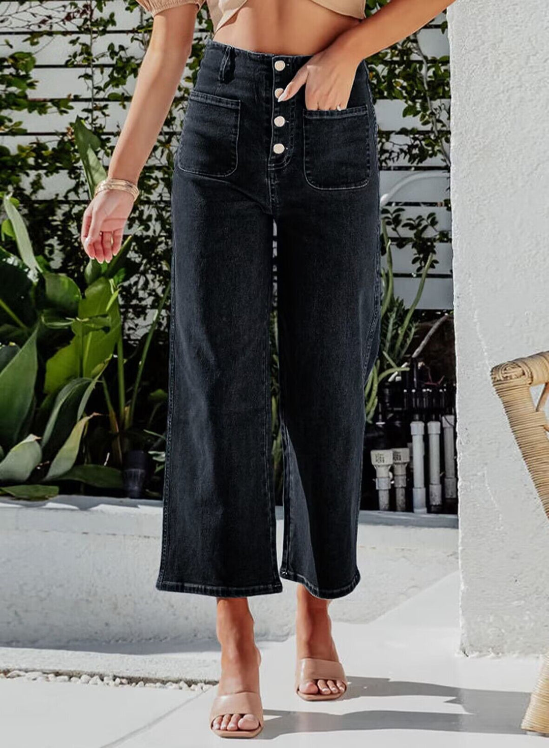 Damen Weite Jeanshose mit hohem Bund EB