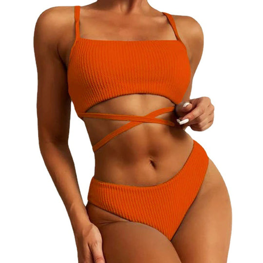 Damen Hochgeschnittener Ripp-Bikini mit Kreuzdetails EB