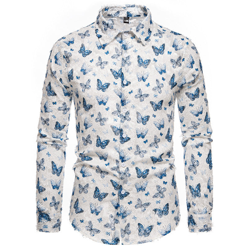 Herren langärmliges Hemd mit floralem Schmetterlingsmuster EB