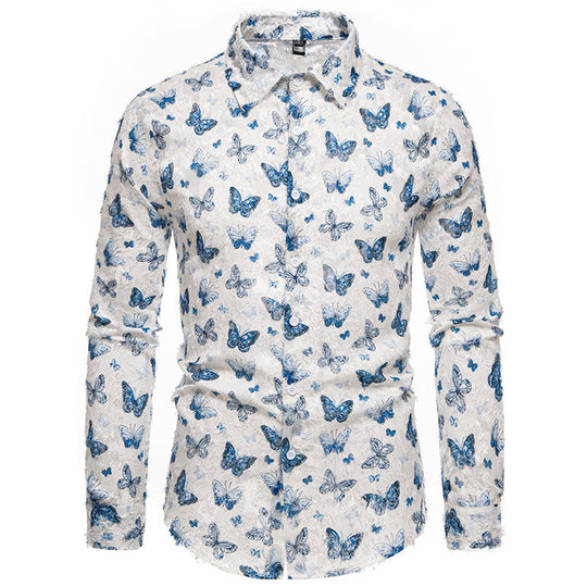 Herren langärmliges Hemd mit floralem Schmetterlingsmuster EB