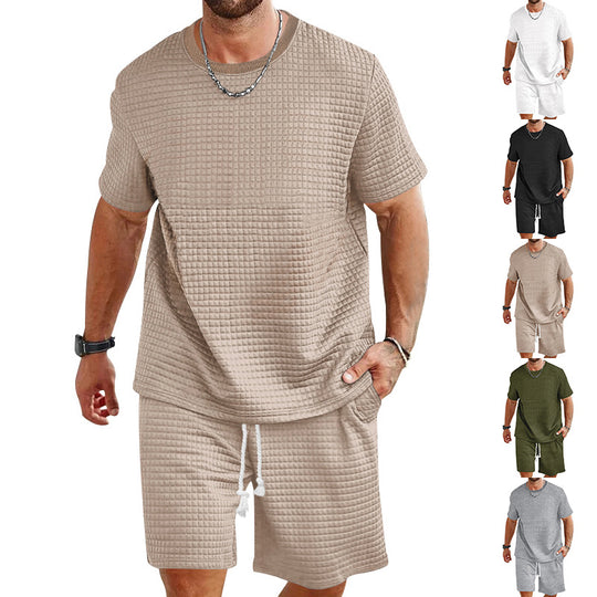 Herren nan Waffelstruktur Wohn- und Freizeit-Set mit weit geschnittenem Kurzarmshirt und kurzer Hose mit elastischem Bund EB
