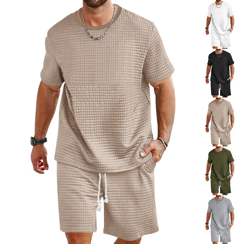 Herren nan Waffelstruktur Wohn- und Freizeit-Set mit weit geschnittenem Kurzarmshirt und kurzer Hose mit elastischem Bund EB