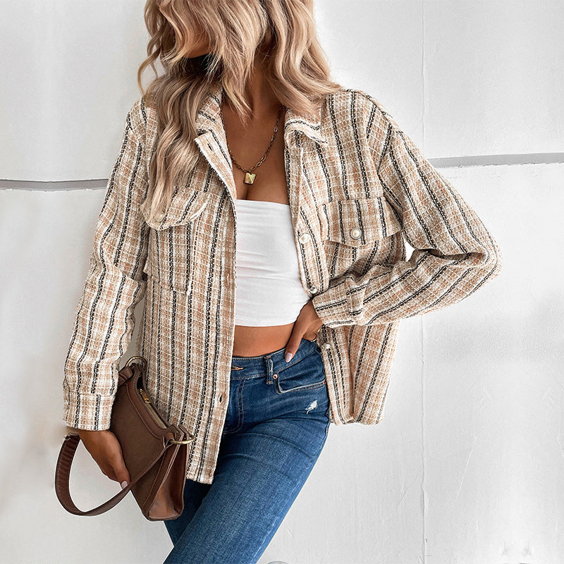 Damen gestreifte Utility-Jacke mit Brusttaschen und strukturierter Oberfläche EB