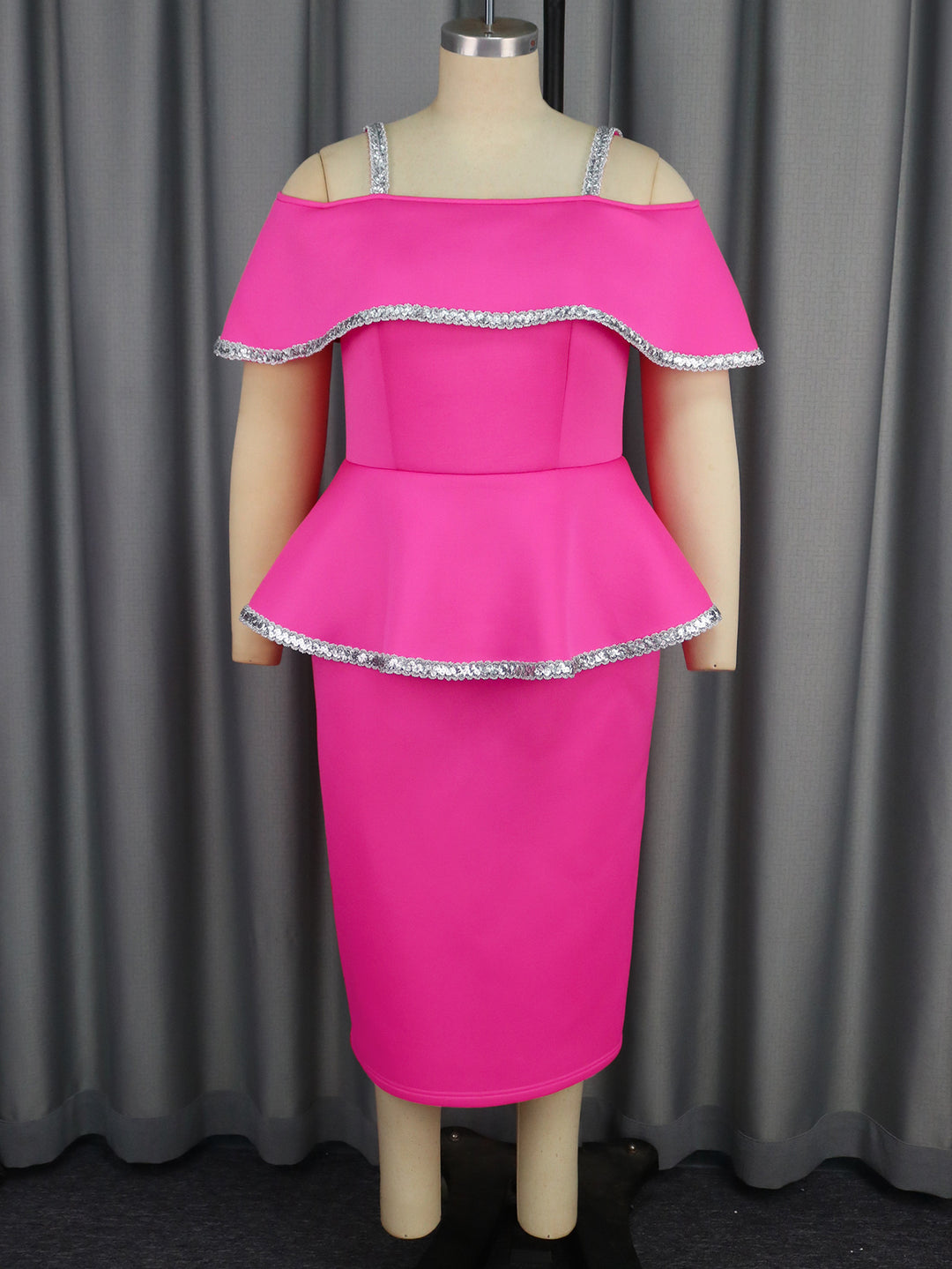 Damen elegantes Peplum-Kleid mit schulterfreiem Design und Glitzerdetails EB