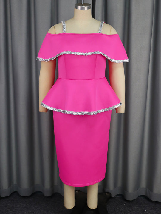 Damen elegantes Peplum-Kleid mit schulterfreiem Design und Glitzerdetails EB
