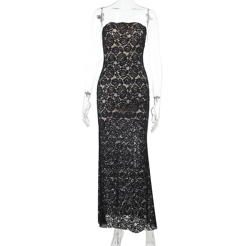 Damen elegantes Spitzen-Maxikleid im figurbetonten Schnitt EB