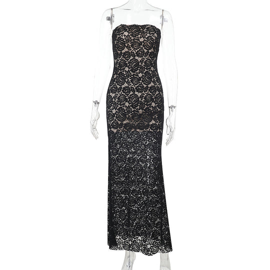 Damen elegantes Spitzen-Maxikleid im figurbetonten Schnitt EB