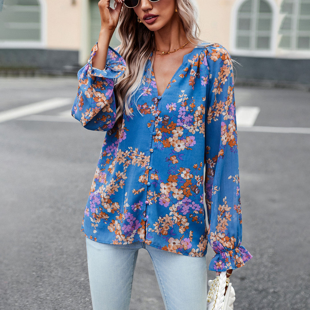 Damen nan Chiffon-Bluse mit floralem Alloverprint, V-Ausschnitt, Knopfleiste und gebundenen Manschetten EB