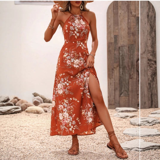 Damen Maxikleid mit elegantem Halter-Ausschnitt und floralem Design EB