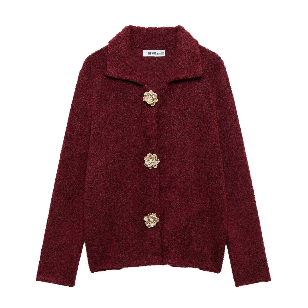 Damen Teddyjacke mit eleganten Blumenknopfdetails EB