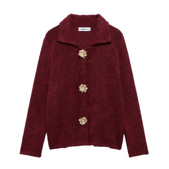 Damen Teddyjacke mit eleganten Blumenknopfdetails EB