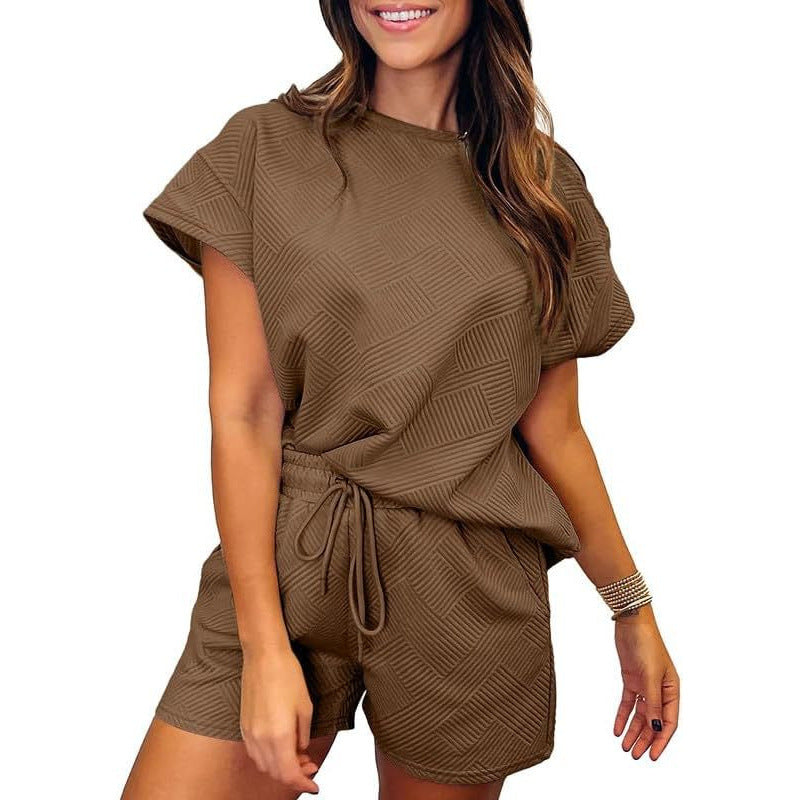 Damen gemütliches Freizeit-Set mit strukturiertem Oberteil und Shorts EB