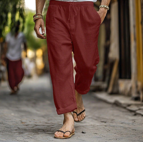 Herren nan lässige Leinen-Joggerhose mit elastischem Tunnelzugbund, seitlichen Eingrifftaschen und aufrollbarem Saum EB