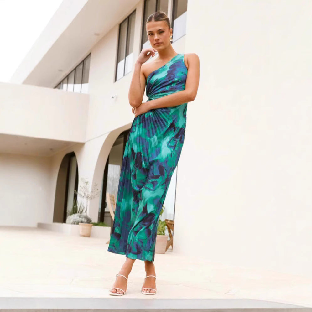 Damen Maxikleid mit asymmetrischem Schnitt und fließendem Faltenrock EB