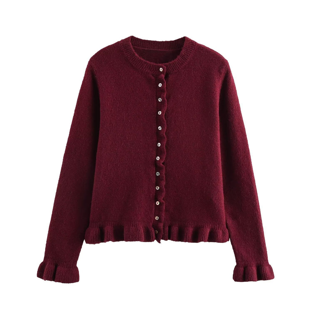 Damen Strickjacke mit dekorativem Rüschensaum und Knopfverschluss EB