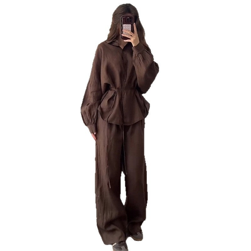 Damen lässiges Leinen-Loungewear-Set mit taillierter Bluse und weiten Hosen EB