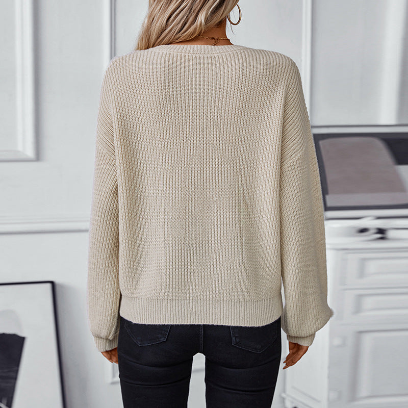 Damen Strickpullover mit V-Ausschnitt und dekorativem Strukturmuster EB