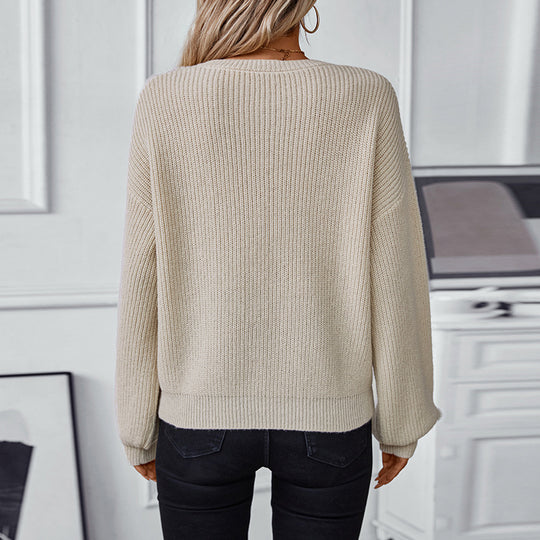 Damen Strickpullover mit V-Ausschnitt und dekorativem Strukturmuster EB
