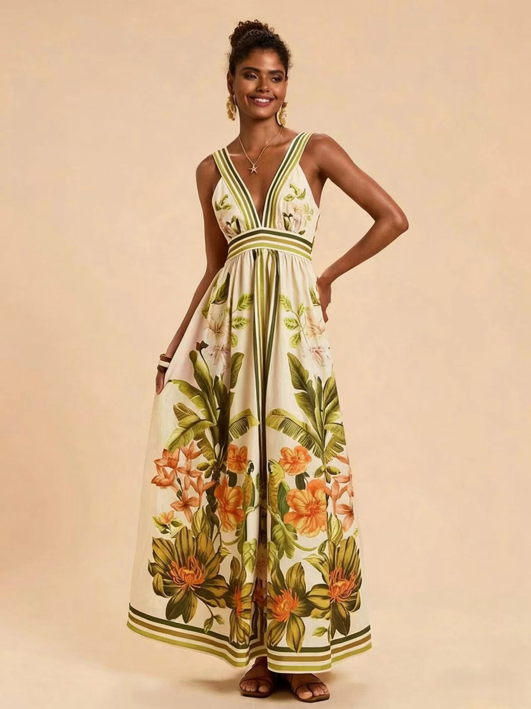Damen Maxikleid mit tiefem V-Ausschnitt und floralem Design EB