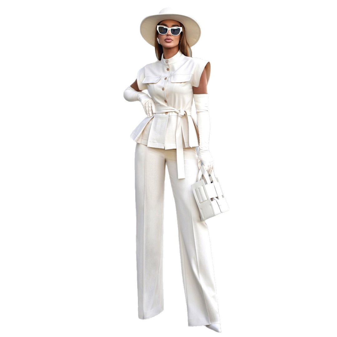 Damen Designer Blazer Set mit elegantem Wickelgürtel und plissiertem Saum EB