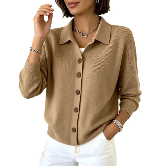 Damen Feinstrick-Cardigan mit Hemdkragen, entspannter Silhouette und Holzknöpfen EB
