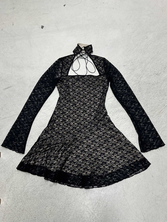 Damen Spitzenkleid mit kurzem Stehkragen und langen Ärmeln EB