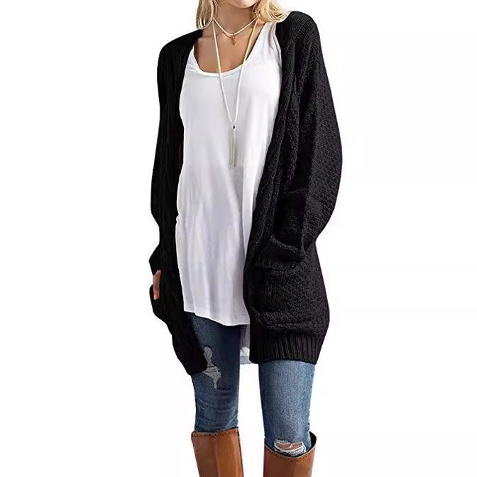 Damen gemütlicher Strickcardigan mit Taschen und Zopfmuster EB