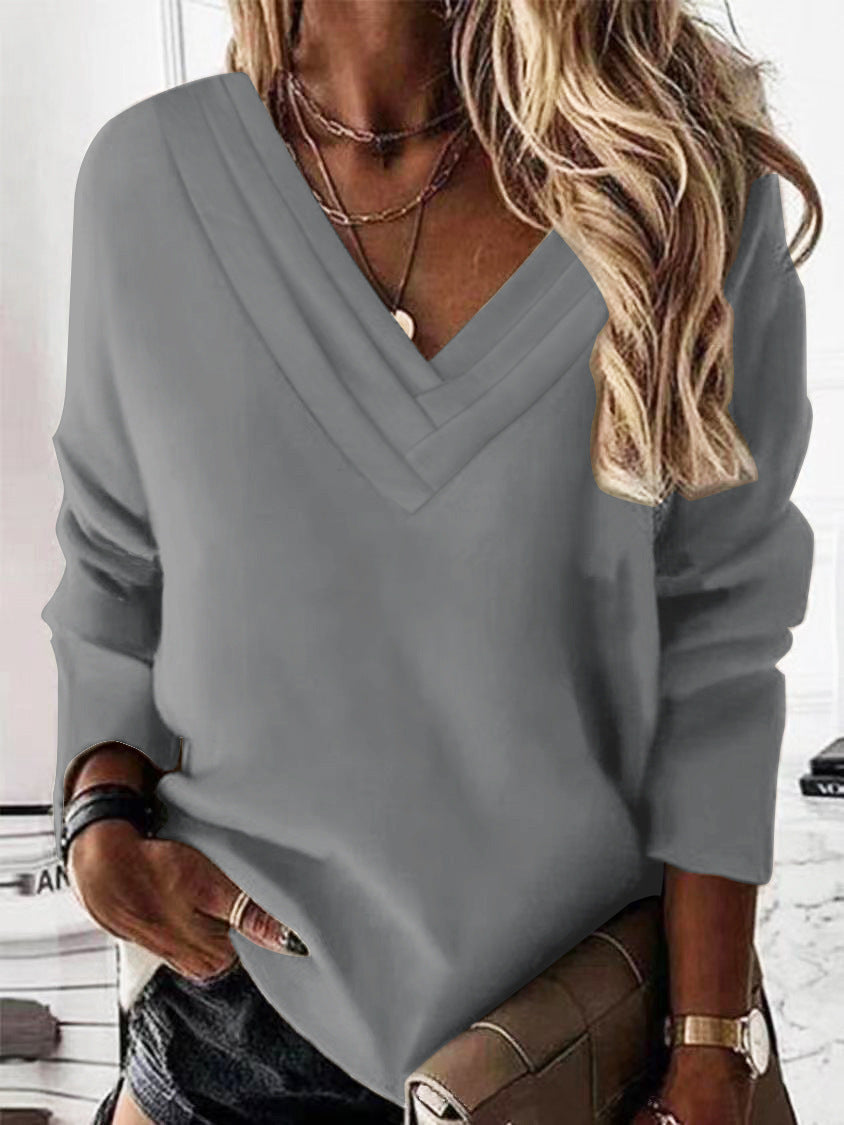 Damen Lässiges V-Ausschnitt Pullover mit eleganten Falten EB
