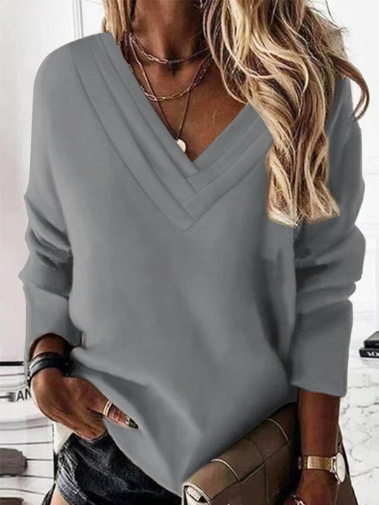 Damen Lässiges V-Ausschnitt Pullover mit eleganten Falten EB