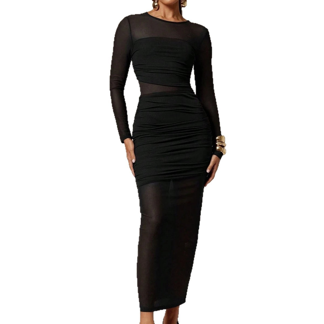 Damen nan schmalgeschnittenes Mesh-Midikleid mit langen Ärmeln, Taillenraffung und semitransparenter Rockbahn EB