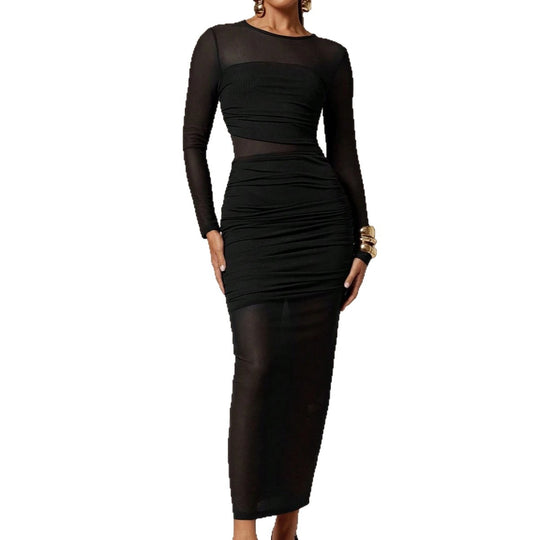 Damen nan schmalgeschnittenes Mesh-Midikleid mit langen Ärmeln, Taillenraffung und semitransparenter Rockbahn EB