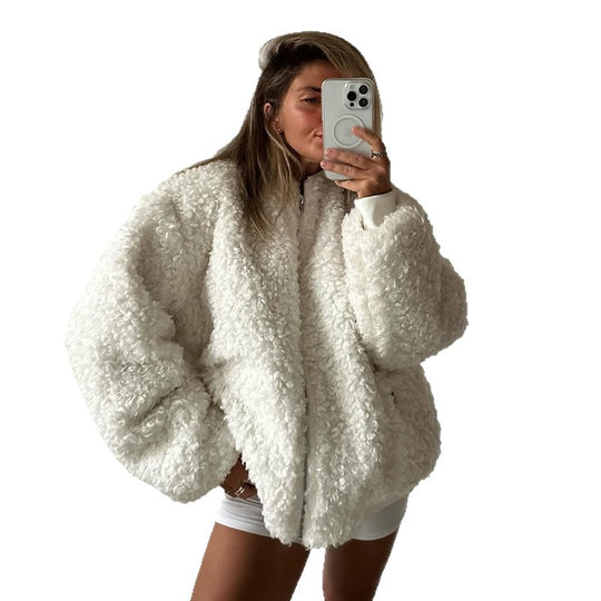 Damen gemütliche Teddyjacke mit hohem Kragen EB