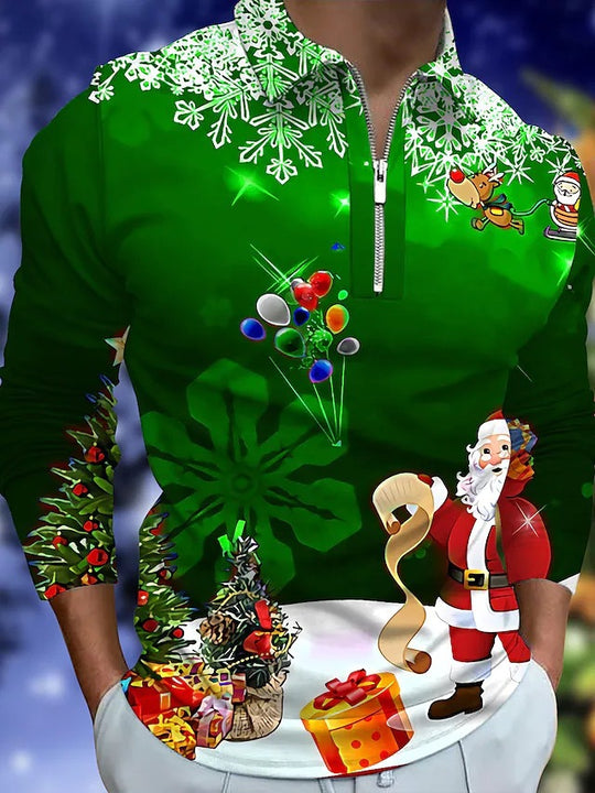 Herren Weihnachtliches Langarmshirt mit festlichem Grafikdesign und praktischem Reißverschluss EB