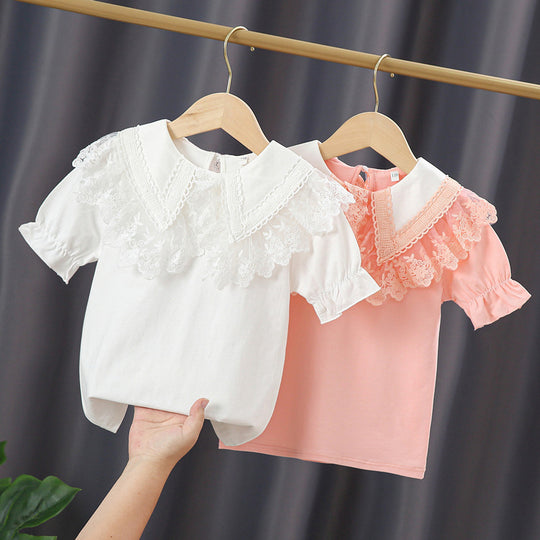 Mädchen Bluse mit Spitzenkragen und Rüschendetails EB