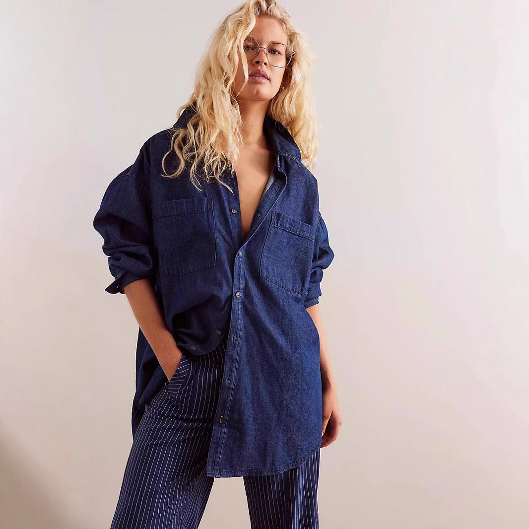 Damen Oversized Jeanshemd mit aufgesetzten Taschen EB