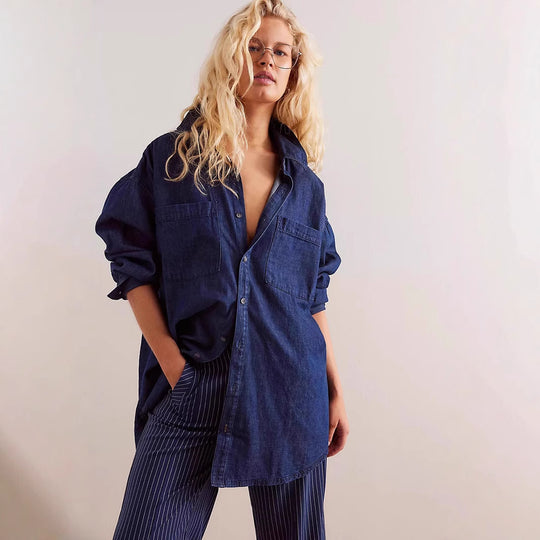 Damen Oversized Jeanshemd mit aufgesetzten Taschen EB