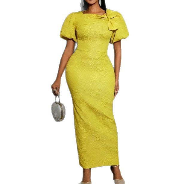 Damen elegantes Maxikleid mit voluminösen Puffärmeln und raffiniertem Schleifendetail EB