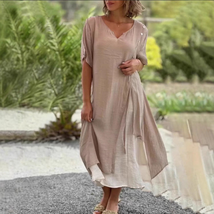 Damen nan zweilagiges Hemdkleid mit asymmetrischem Lagenrock, seitlicher Zierknopfleiste und Tunnelzug EB