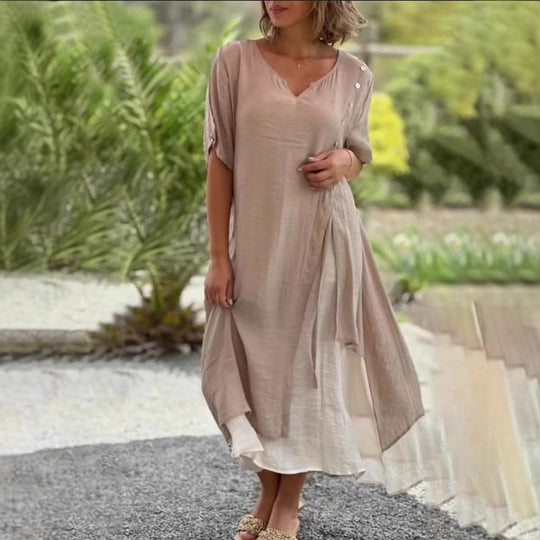 Damen nan zweilagiges Hemdkleid mit asymmetrischem Lagenrock, seitlicher Zierknopfleiste und Tunnelzug EB