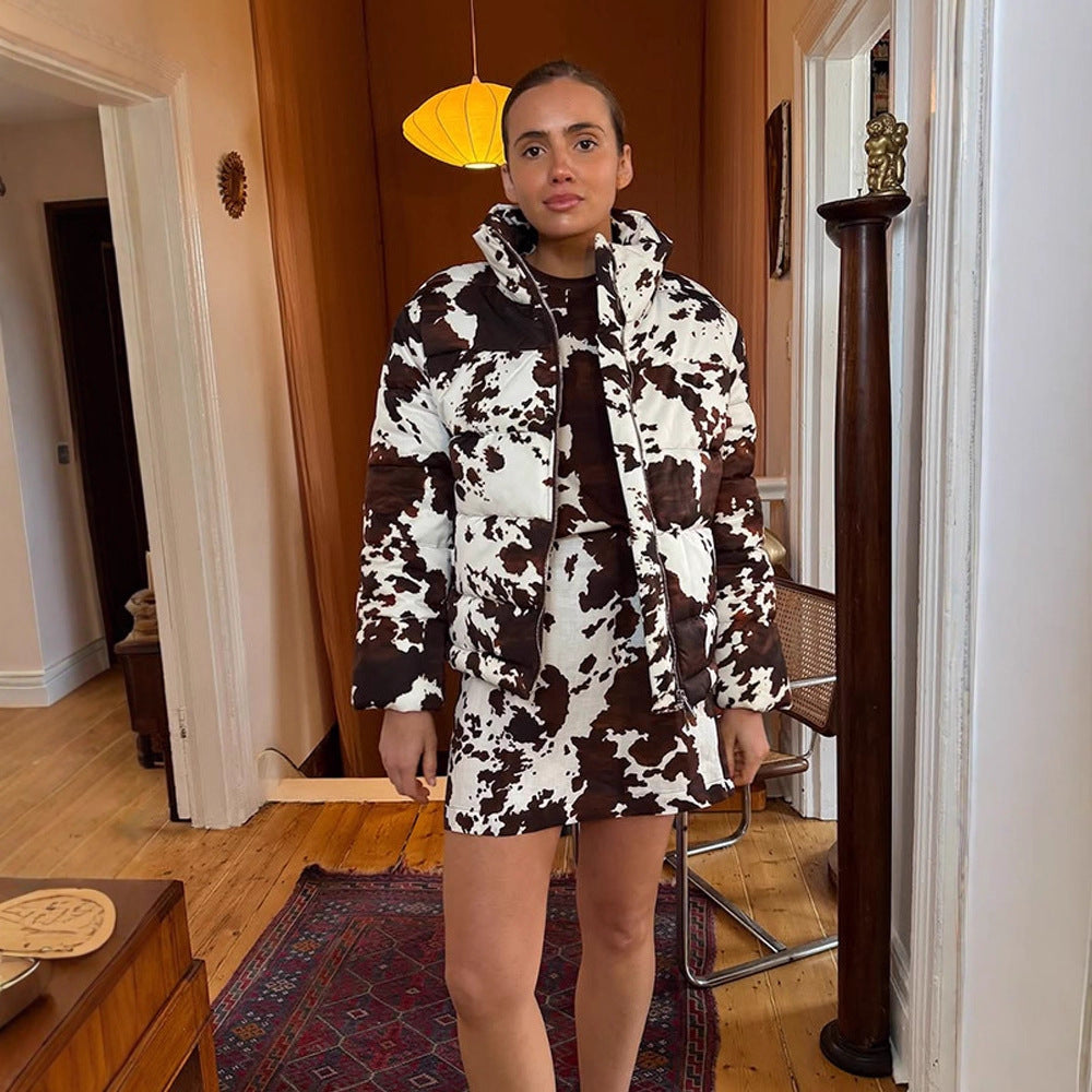 Damen gestepptes Kurzjacke mit Cow-Print EB