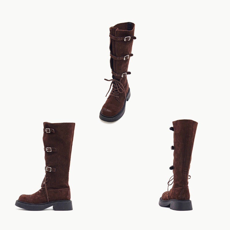 Damen Modische Overknee-Stiefel mit robustem Plateau und dekorativen Schnallen EB