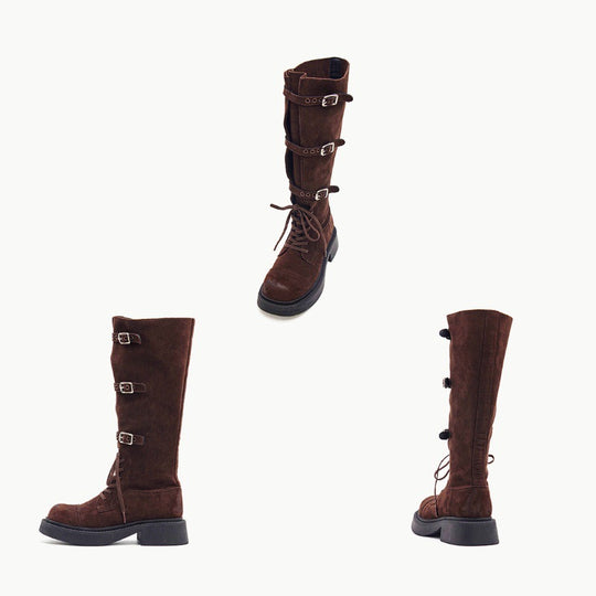 Damen Modische Overknee-Stiefel mit robustem Plateau und dekorativen Schnallen EB