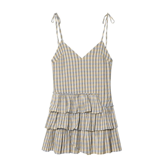 Damen luftiges V-Ausschnitt Sommerkleid mit Rüschen und verstellbaren Trägern EB
